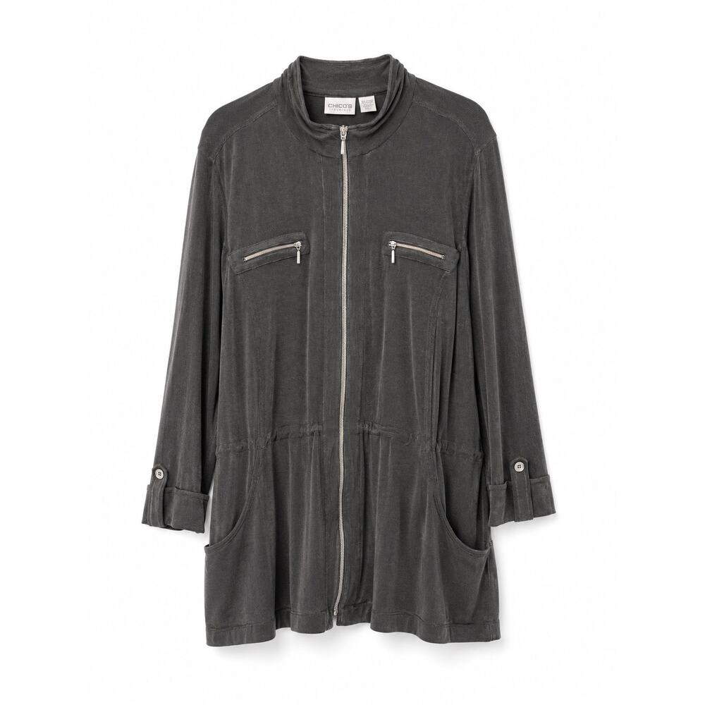 Chico’s Travelers Gray Zip Front Tunic Jacket size 2/L/XL